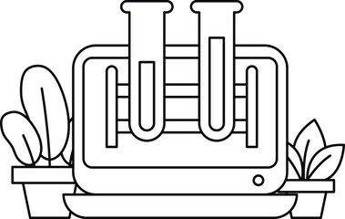 A black and white drawing of two test tubes with a plant in the background