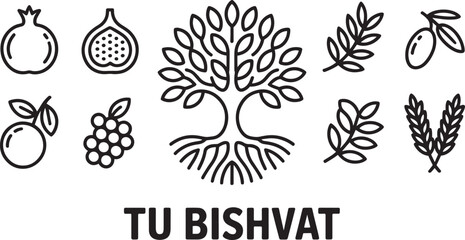Tu Bishvat jewish arbor day line icons set seven species outline collection holiday symbols