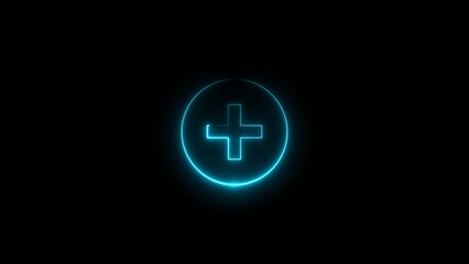 Glowing neon plus icon illustration, on black background. First aid icon background.
