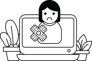 A woman is holding a bandage in her hand and looking sad