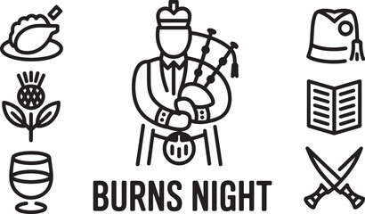 Burns Night Icons Scottish Celebration Bagpiper Haggis Thistle Book Swords Hat Outline Vector