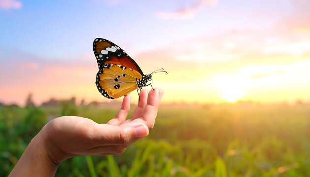 Butterfly rests upon a raised hand, set against a field glowing with the warm light of sunset