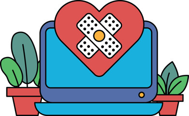 A computer monitor with a heart and a bandage on it