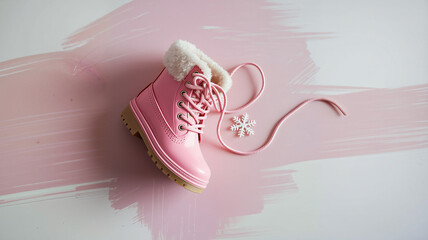Pink winter boot with fur lining on pastel background  