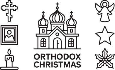 Orthodox Feast Icons Eastern Religion Church Dome Icon Candle Angel Star Outline Vector Set