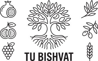 Tu Bishvat Icons Jewish Holiday Line Drawing Set Tree of Life and Seven Species Fruits Vector