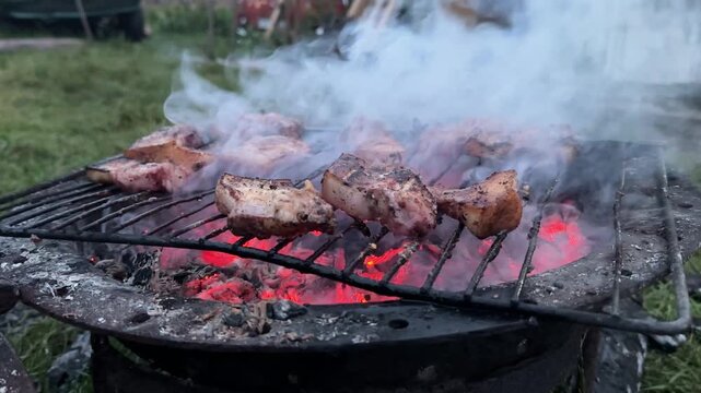 fried pork belly on coals in the smoke. High quality 4k footage