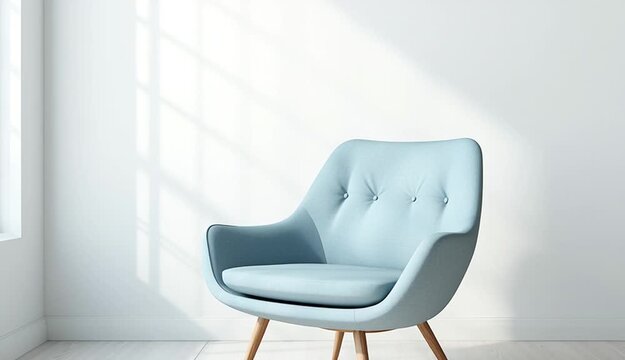 Minimalist interior photography, modern light blue upholstered armchair with natural wooden legs, positioned in empty white room corner near window, light oak or beech wood flooring, clean white wal