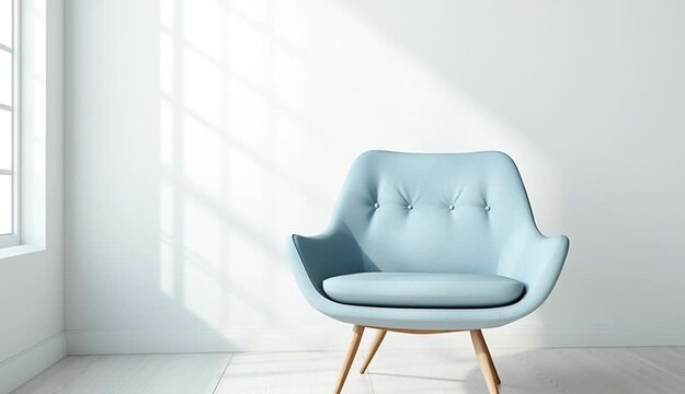 Minimalist interior photography, modern light blue upholstered armchair with natural wooden legs, positioned in empty white room corner near window, light oak or beech wood flooring, clean white wal