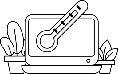A black and white drawing of a computer monitor with a thermometer on top of it