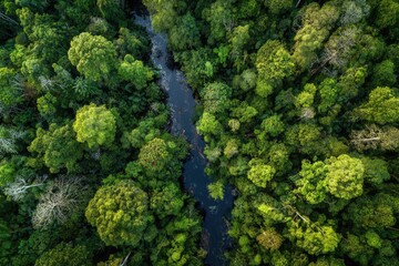 Naklejka premium Aerial shot of lush green rainforest with a winding river flowing through it
