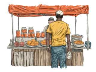 Street Vendor Stall with Bright Orange Canopy