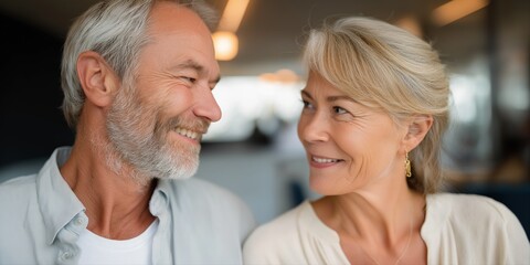Obraz premium Happy elderly caucasian couple smiling at each other indoors