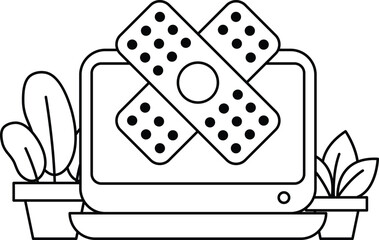 A black and white drawing of a computer monitor with a bandage on it
