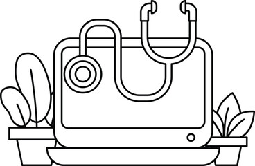 A black and white drawing of a stethoscope on a computer monitor