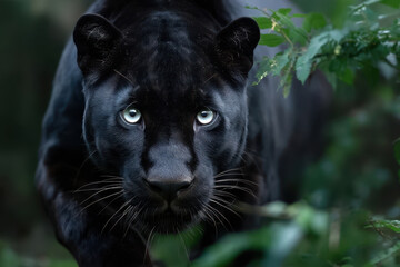 Black panther prowls through dense foliage in its natural habitat during twilight hours