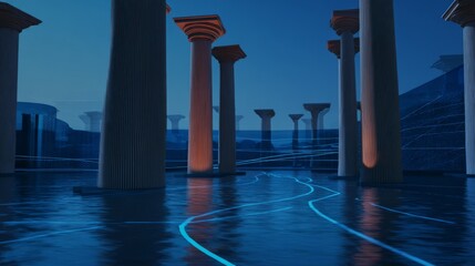 Naklejka premium atlantean. Submerged Atlantean cityscapes with ancient glowing migration paths beneath rippling water. travel magazines, destination branding, designed for outdoor magazines and nature guides. 