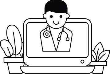 A man in a white coat is sitting in front of a computer screen