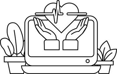 A computer monitor with two hands holding a heart