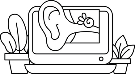 A black and white drawing of a television screen with a picture of a bug on it