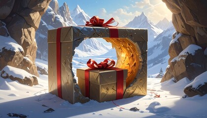 A large gift box with a glowing hole, in a snowy mountain setting