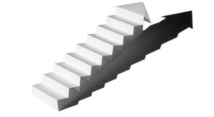 Staircase with arrow pointing up isolated on white background, symbolizing growth, progress, and upward movement in a clean design