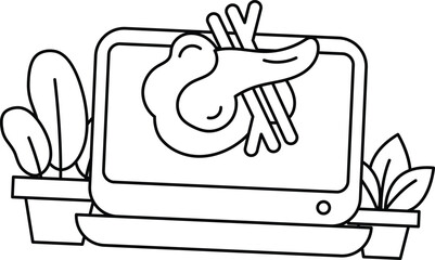 A black and white drawing of a laptop with a picture of a chicken on it