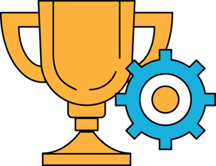 A trophy is shown with a gear next to it