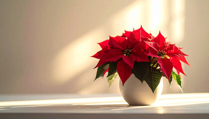 朝日の差し込む白い室内に飾られた赤いポインセチアの鉢植えが美しい冬のインテリア