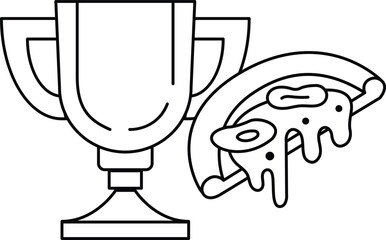 A pizza slice is on a plate next to a trophy