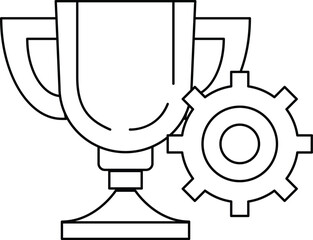 A trophy and a gear are shown in a black and white drawing
