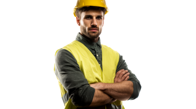 Man in yellow hard hat and safety vest