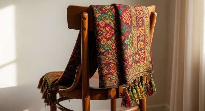 A vintage shawl with intricate patterns draped gracefully over the back of a wooden chair, bathed in soft, warm sunlight