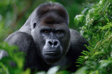 Fototapeta premium Majestic silverback gorilla observing its lush rainforest habitat during daylight hours