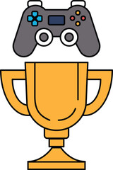 A video game controller and a trophy are shown together