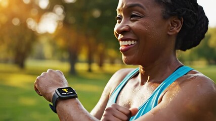 Woman checking heart rate monitor on wrist device after outdoor physical activity - Powered by Adobe