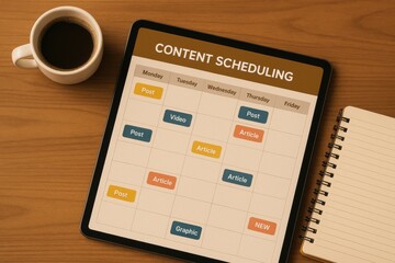 Digital Content Scheduling Planner on Tablet with Coffee and Notepad on Wooden Desk