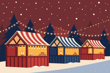 Christmas market stalls glowing under snow, flat.