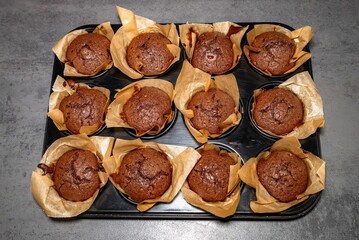 Freshly baked chocolate muffins in tray
