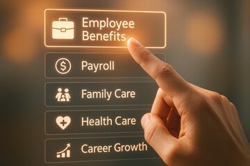 Obraz premium Hand Selecting Employee Benefits Options on Digital Screen Touching Icon with Glowing Effect