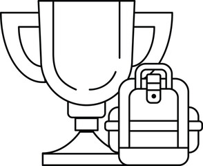 A trophy and a backpack are shown in a black and white drawing