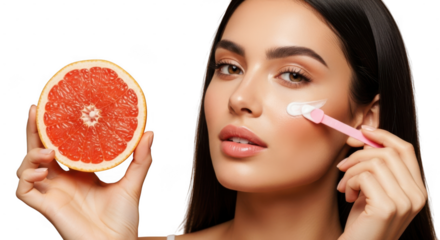 Young woman applying cream with half grapefruit for beauty routine, fresh and natural skincare concept isolated on transparent background
