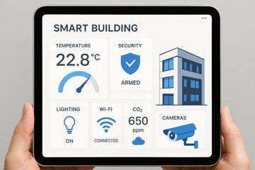 Smart Building Control Dashboard Displaying Temperature, Security Status, and Other Key Metrics on Tablet Screen