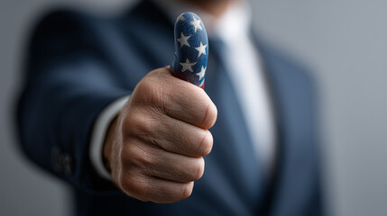 Patriotic Approval: A close-up shot captures a man in a business suit giving a thumbs-up gesture, the focus on a unique thumb adorned with a patriotic American flag design. 