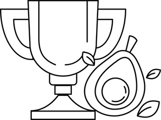 A cup with a green leaf on it is next to a peeled avocado