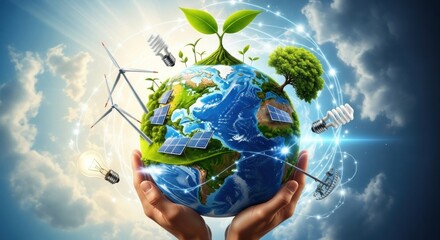 Hands holding a globe with solar panels, wind turbines, and green leaves, surrounded by clouds and a blue sky.