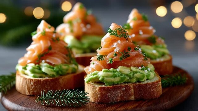Festive Christmas tree shaped canapes of smoked salmon, creamy avocado and dill on crunchy toast, arranged on a rustic board with warm holiday bokeh lights
