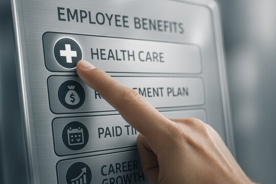 Employee Benefits Signage with Focus on Health Care and Retirement Plan Options in Corporate Environment