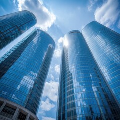 Three Curved Glass Skyscrapers Against Blue Sky