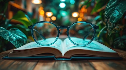 Glasses sit atop open book, surrounded by lush green plants and soft lighting